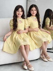 SHEIN Tween Girls Young Girl Green Midi Dress With Beaded Puff Sleeves For Special Occasions, Graduation, Outfit - Yellow - View 2