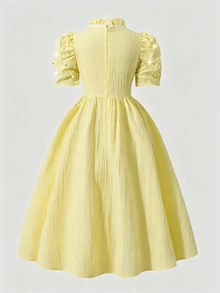 SHEIN Tween Girls Young Girl Green Midi Dress With Beaded Puff Sleeves For Special Occasions, Graduation, Outfit - Yellow - View 4