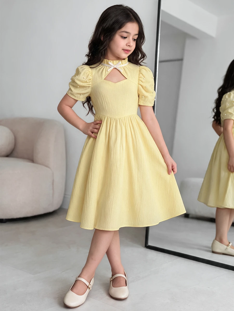 SHEIN Tween Girls Young Girl Green Midi Dress With Beaded Puff Sleeves For Special Occasions, Graduation, Outfit - Yellow - View 1