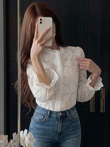 Serisse Women's Plain Color Front Button Long Sleeve Ruffle Trim Simple Blouse, Casual Wear,Long Sleeve Tops Winter Elegant Spring - Multicolor - View 1