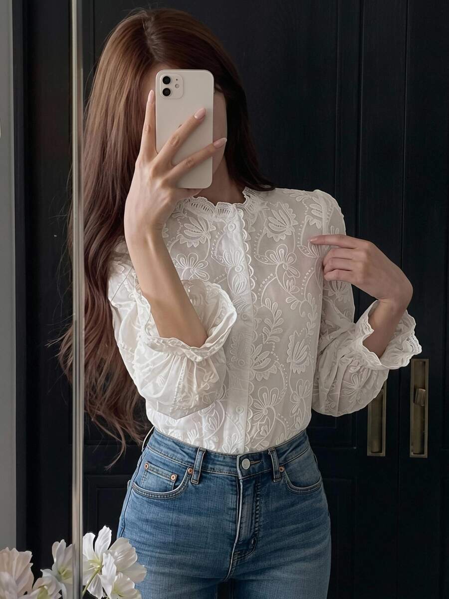 Serisse Women's Plain Color Front Button Long Sleeve Ruffle Trim Simple Blouse, Casual Wear,Long Sleeve Tops Winter Elegant Spring - Multicolor - View 1