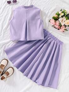 SHEIN Conjunto de blusa sin mangas y falda para niña preadolescente en color morado - Morado - Ver 5