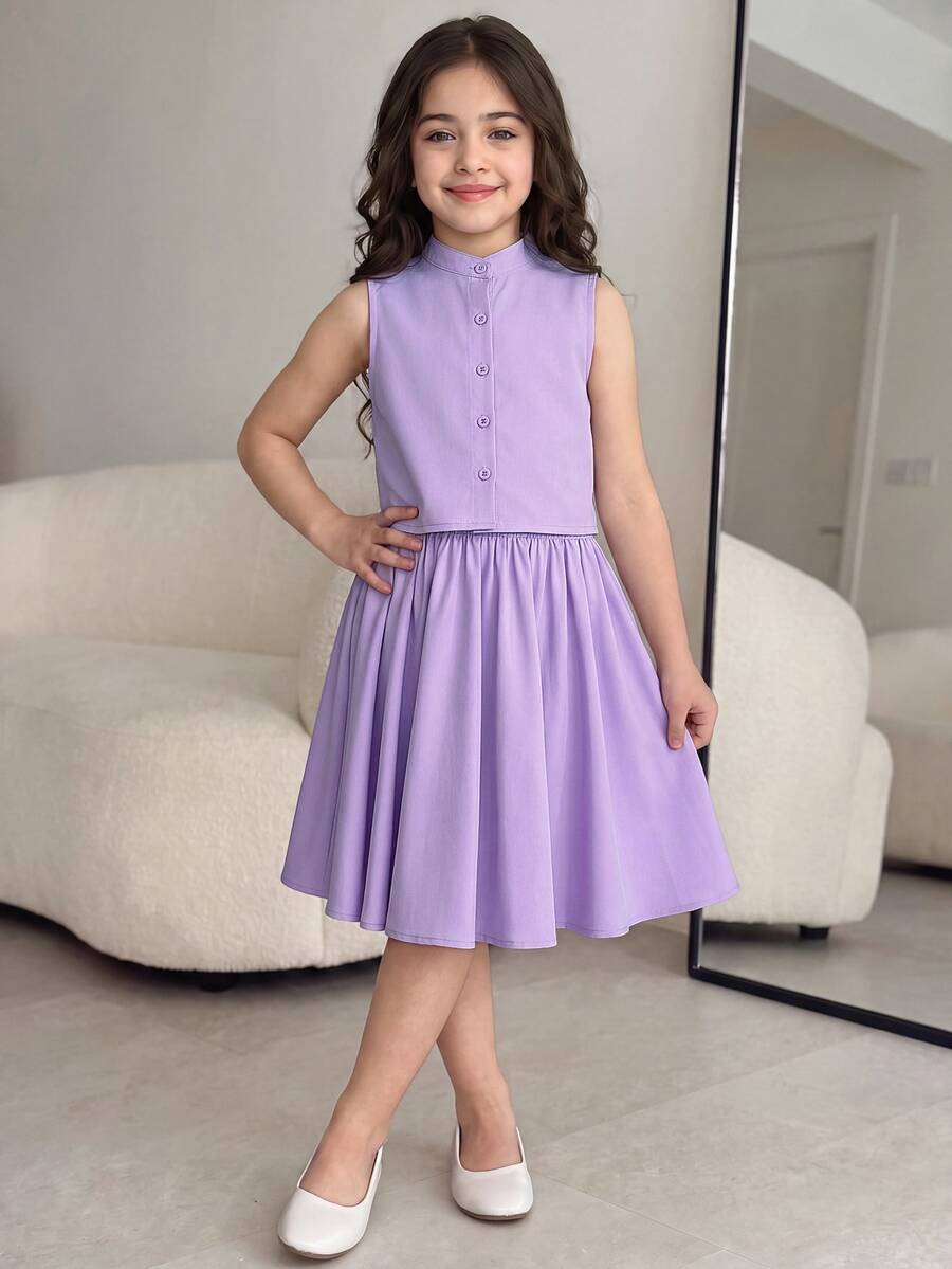 SHEIN Conjunto de blusa sin mangas y falda para niña preadolescente en color morado