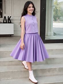 SHEIN Conjunto de blusa sin mangas y falda para niña preadolescente en color morado - Morado - Ver 3