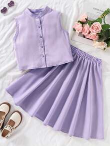 SHEIN Conjunto de blusa sin mangas y falda para niña preadolescente en color morado - Morado - Ver 6