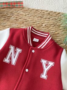 SHEIN 2件組新生兒男嬰字母印花抓絨長袖上衣與長褲棒球夾克套裝，紅色聖誕套裝，秋冬百搭運動服 - 酒紅色 - 查看 7