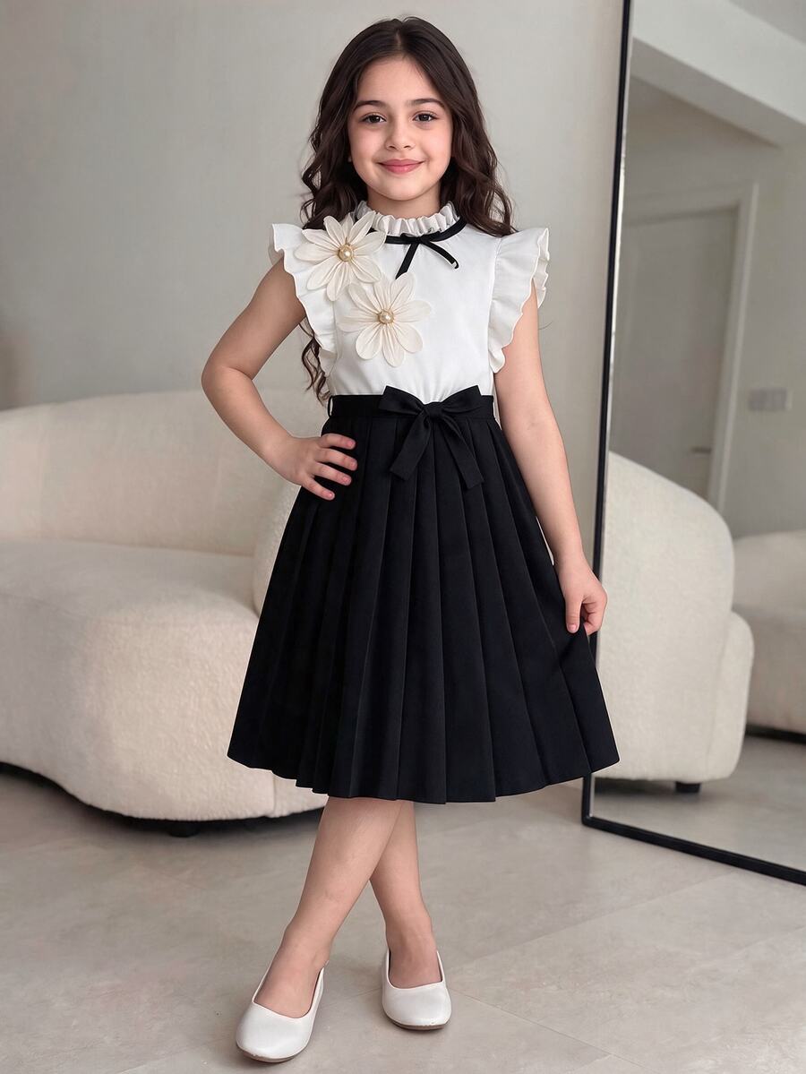 SHEIN Tween Girls Elegant Party Style A-Line Midi Dress Black White Solid Color Woven Dress 3D Floral Decor Ruffle Cap Sleeve With Waist Bow, Graduation - Black - View 1