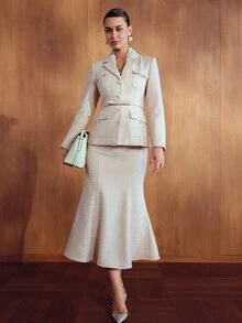 MOTF PREMIUM WOMEN'S TWEED FABRIC SLIM FIT JACKET AND SKIRT SET - Pink - View 5