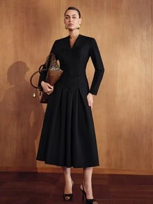 MOTF PREMIUM WOMEN'S SOLID COLOR V-NECK LONG SLEEVE PLEATED HEM ELEGANT DRESS - Black - View 5
