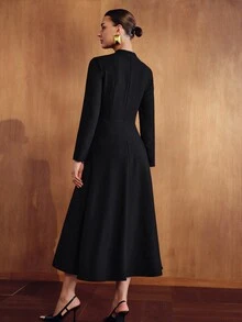 MOTF PREMIUM WOMEN'S SOLID COLOR V-NECK LONG SLEEVE PLEATED HEM ELEGANT DRESS - Black - View 3