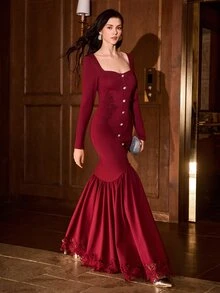 MOTF PREMIUM WOMEN'S SQUARE NECK FLORAL EMBROIDERED PATTERN ELEGANT WAIST-CINCHING PARTY DRESS - Burgundy - View 5