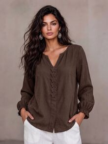 LUMIGAL بلوزة نسائية صغيرة بياقة على شكل حرف V مع تطريز دانتيل وأكمام طويلة باللون الأزرق - قهوة بني - مشاهدة 1