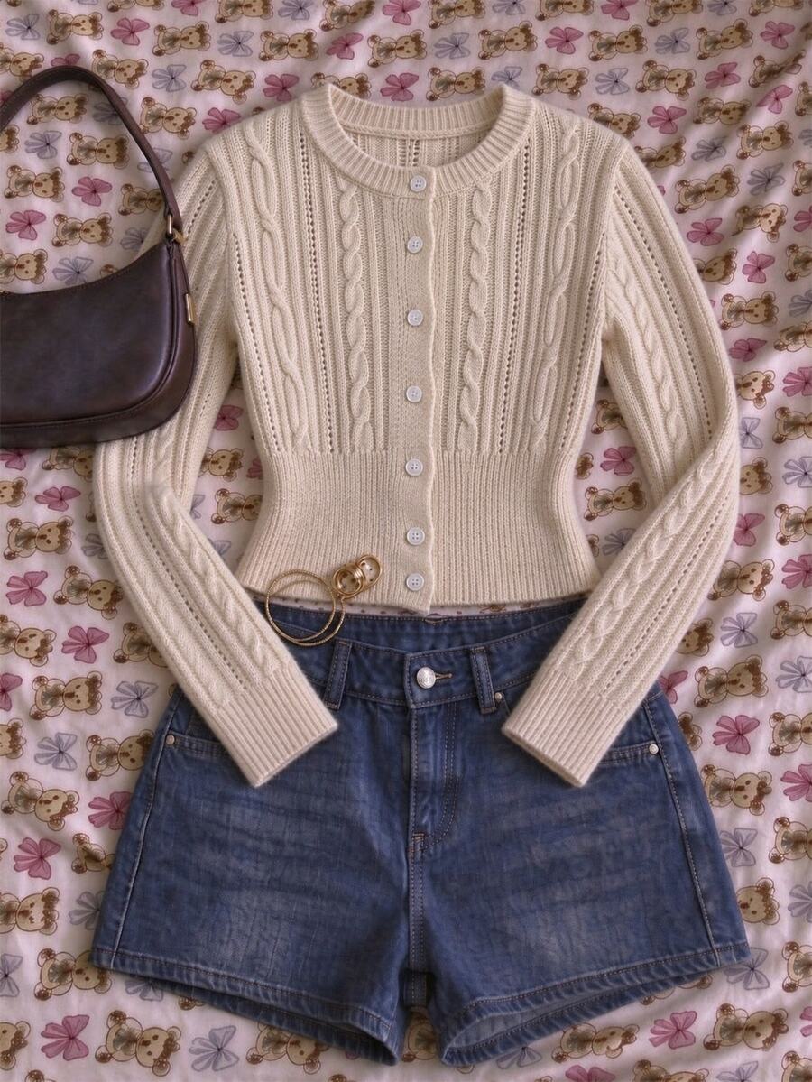 Sundraya Apricot Cinched Waist Single-Breasted French Vintage Sweet Style Knit Cardigan - Apricot - View 1