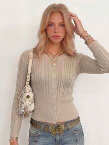 Sundraya Apricot Cinched Waist Single-Breasted French Vintage Sweet Style Knit Cardigan - Apricot - View 3