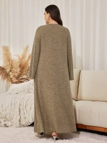 Lacomfia Autumn/Winter Khaki Ribbed Knit Fabric Patchwork Velvet Lace Trim Loose Long Commute Minimalist Women Plus Size Dress - Khaki - View 2
