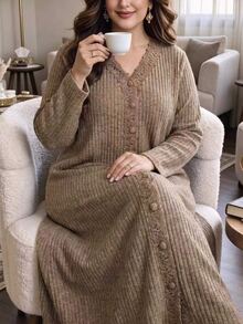 Lacomfia Autumn/Winter Khaki Ribbed Knit Fabric Patchwork Velvet Lace Trim Loose Long Commute Minimalist Women Plus Size Dress - Khaki - View 3