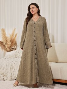 Lacomfia Autumn/Winter Khaki Ribbed Knit Fabric Patchwork Velvet Lace Trim Loose Long Commute Minimalist Women Plus Size Dress - Khaki - View 1