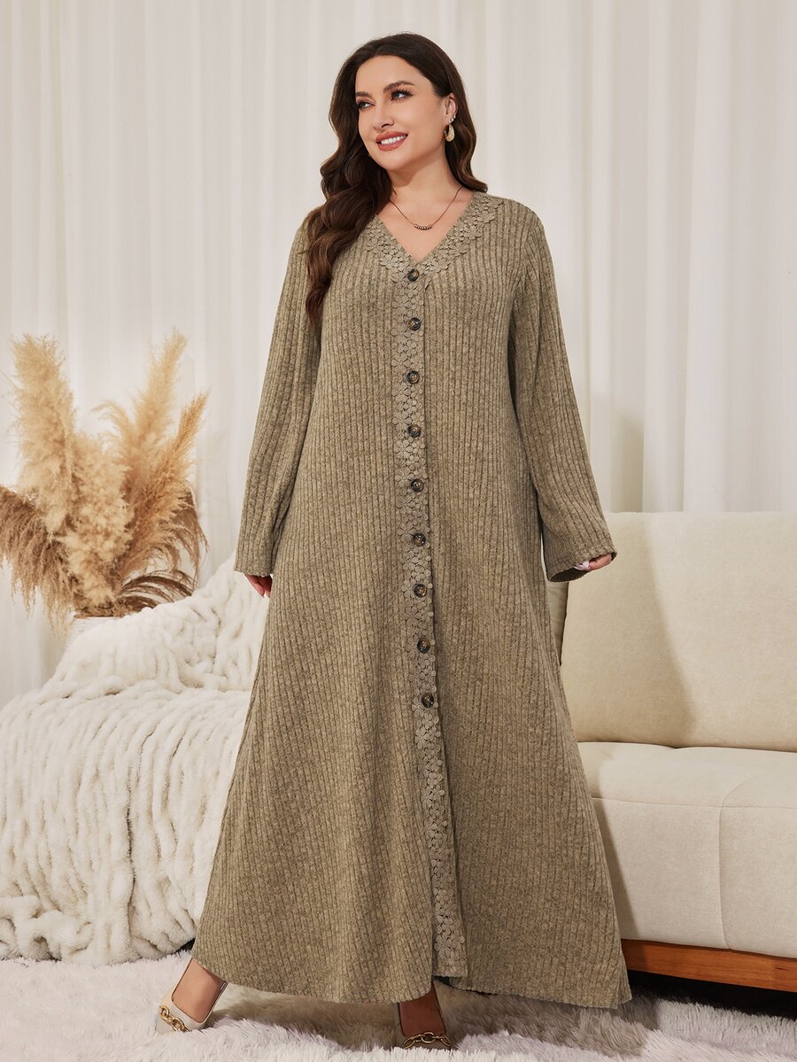 Lacomfia Autumn/Winter Khaki Ribbed Knit Fabric Patchwork Velvet Lace Trim Loose Long Commute Minimalist Women Plus Size Dress - Khaki - View 1
