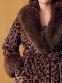 MOTF PREMIUM PLUS SIZE VINTAGE LUXURY LEOPARD PRINT FAUX FUR COAT WITH LARGE FUR COLLAR AND TIE CLOSURE - Brown - View 2