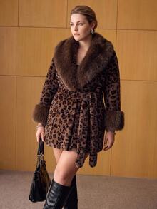 MOTF PREMIUM PLUS SIZE VINTAGE LUXURY LEOPARD PRINT FAUX FUR COAT WITH LARGE FUR COLLAR AND TIE CLOSURE - Brown - View 4