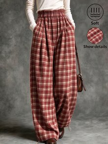 SHEIN Women's Casual Elastic Waist Plaid Long Pants - Red and White - View 1