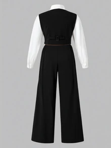 SHEIN Tween Girl Colorblock Patchwork Shirt And Long Pants Set Off Campus School White Black Fall Casual 80s - Black - View 2
