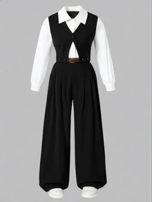 SHEIN Tween Girl Colorblock Patchwork Shirt And Long Pants Set Off Campus School White Black Fall Casual 80s - Black - View 4