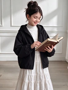 SHEIN Girls' Casual Baggy Cute Graphic All-Match Black Short Lightweight Jacket With Pockets, Fall Clothes, Spring, Autumn Winter School Off Campus - Black - View 3