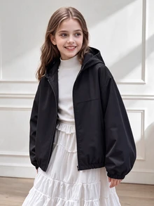 SHEIN Girls' Casual Baggy Cute Graphic All-Match Black Short Lightweight Jacket With Pockets, Fall Clothes, Spring, Autumn Winter School Off Campus - Black - View 2