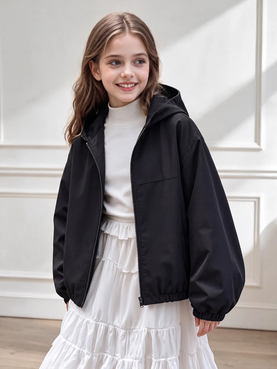 SHEIN Girls' Casual Baggy Cute Graphic All-Match Black Short Lightweight Jacket With Pockets, Fall Clothes, Spring, Autumn Winter School Off Campus