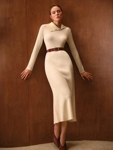 MOTF PREMIUM ASYMMETRICAL LAPEL DESIGN SIDE GOLD BUTTON RIBBED KNIT FITTED MERMAID DRESS, SUITABLE FOR DAILY COMMUTE, EVENING PARTY GATHERING - Cream - View 2