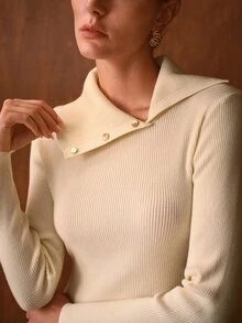MOTF PREMIUM ASYMMETRICAL LAPEL DESIGN SIDE GOLD BUTTON RIBBED KNIT FITTED MERMAID DRESS, SUITABLE FOR DAILY COMMUTE, EVENING PARTY GATHERING - Cream - View 5