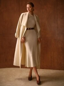 MOTF PREMIUM ASYMMETRICAL LAPEL DESIGN SIDE GOLD BUTTON RIBBED KNIT FITTED MERMAID DRESS, SUITABLE FOR DAILY COMMUTE, EVENING PARTY GATHERING - Cream - View 1