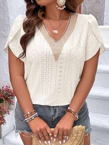 SHEIN Clasi Plus Contrast Lace Petal Sleeve Tee Women Graphic Tee Top For Summer - Apricot - View 6