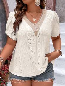 SHEIN Clasi Plus Contrast Lace Petal Sleeve Tee Women Graphic Tee Top For Summer - Apricot - View 8