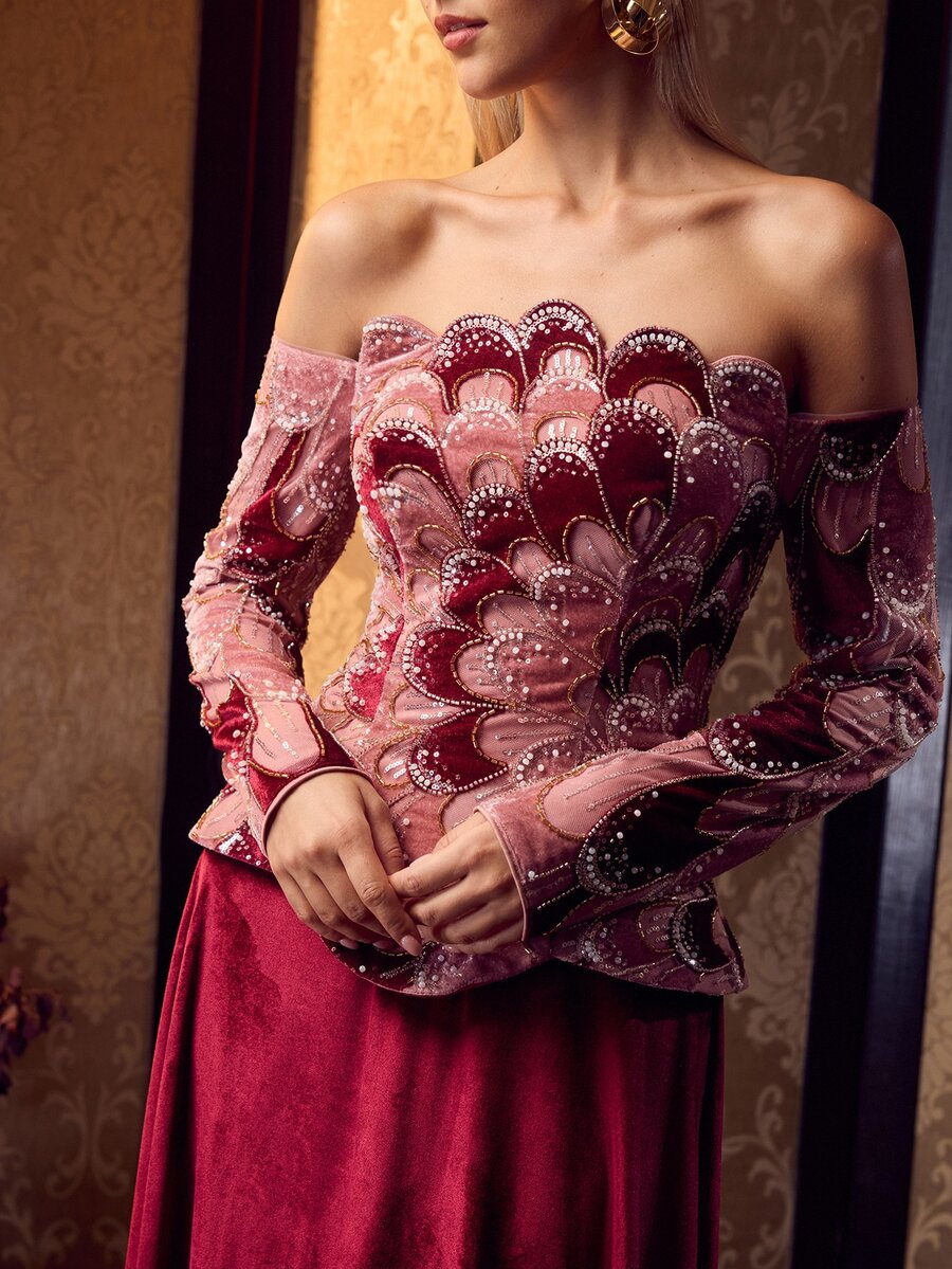 MOTF Soiréza ELEGANT OFF SHOULDER LONG SLEEVES MAXI GOWN WITH BEADED EMBROIDERY FOR FORMAL PARTY, WEDDINGS, GALAS - Burgundy - View 1