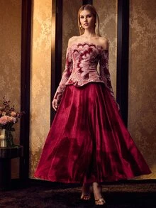 MOTF Soiréza ELEGANT OFF SHOULDER LONG SLEEVES MAXI GOWN WITH BEADED EMBROIDERY FOR FORMAL PARTY, WEDDINGS, GALAS - Burgundy - View 4