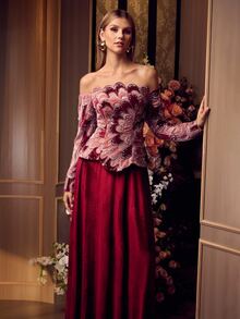 MOTF Soiréza ELEGANT OFF SHOULDER LONG SLEEVES MAXI GOWN WITH BEADED EMBROIDERY FOR FORMAL PARTY, WEDDINGS, GALAS - Burgundy - View 5
