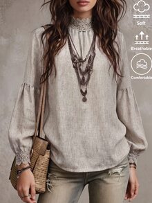 Omancia Women's Minimalist Lace Patchwork Pleated Blouse - Apricot - View 7