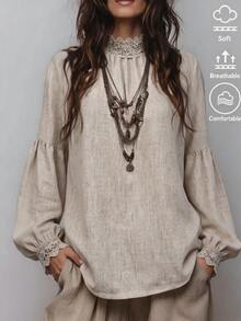 Omancia Women's Minimalist Lace Patchwork Pleated Blouse - Apricot - View 5