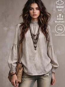 Omancia Women's Minimalist Lace Patchwork Pleated Blouse - Apricot - View 1