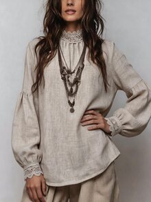 Omancia Women's Minimalist Lace Patchwork Pleated Blouse - Apricot - View 3