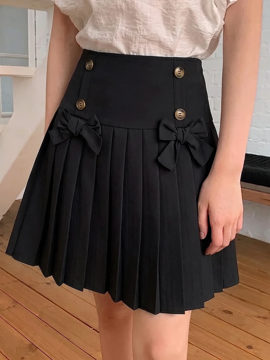 SHEIN Girls' Christmas Themed Pleated Mini Skirt Elegant, Sweet, Cute, 3D Bow, Low-Waist Design,Red Plaid Pattern Perfect For Holiday Parties Formal