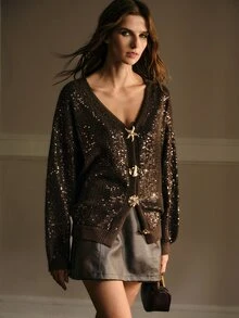 MOTF AUTUMN/WINTER VINTAGE PREMIUM HEAVY EMBELLISHED SEQUIN KNIT V-NECK STAR & FLORAL METAL BUTTON LOOSE DARK PULLOVER JACKET - Coffee Brown - View 6