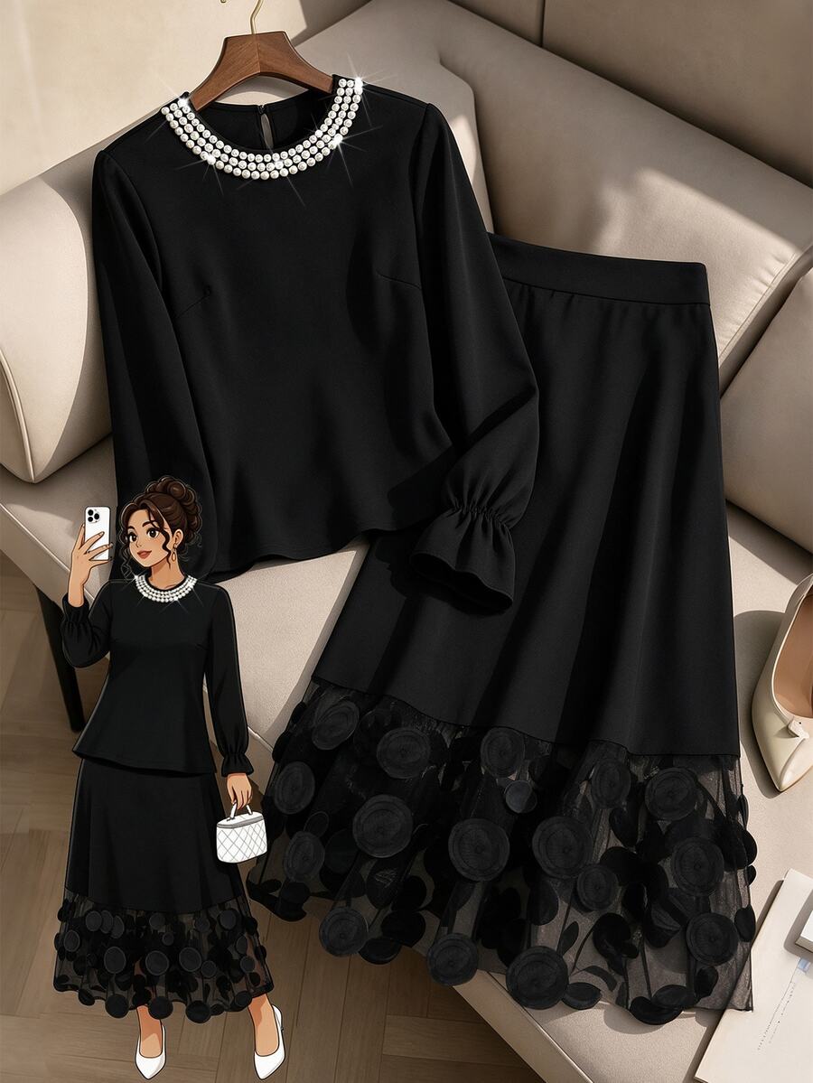 SHEIN LUNE Plus Size Elegant Fashion Beaded Decor Top And Mesh Patchwork Skirt Set Brunch Formal Dinner Black Fall - Black - View 1