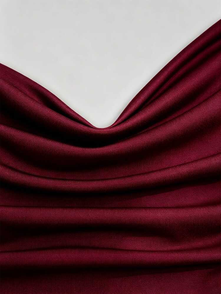Sweetra French Elegant Spaghetti Strap Ruched Asymmetrical Hem Contrast Lace Drawstring Commuter Versatile Sweet & Spicy Streetwear Plus Size Women's Dress - Burgundy - View 7