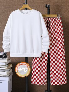 SHEIN 2件組兒童青少年男孩休閒街頭塗鴉圖案針織圓領長袖套頭衛衣紅色棋盤格寬腿褲套裝 男孩秋季/冬季套裝 - 紅色 - 查看 3