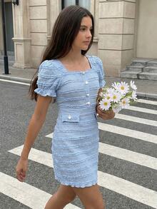 SHEIN Tween Girls' Solid Color Faux Pearl Casual Vacation Dress - Blue - View 3