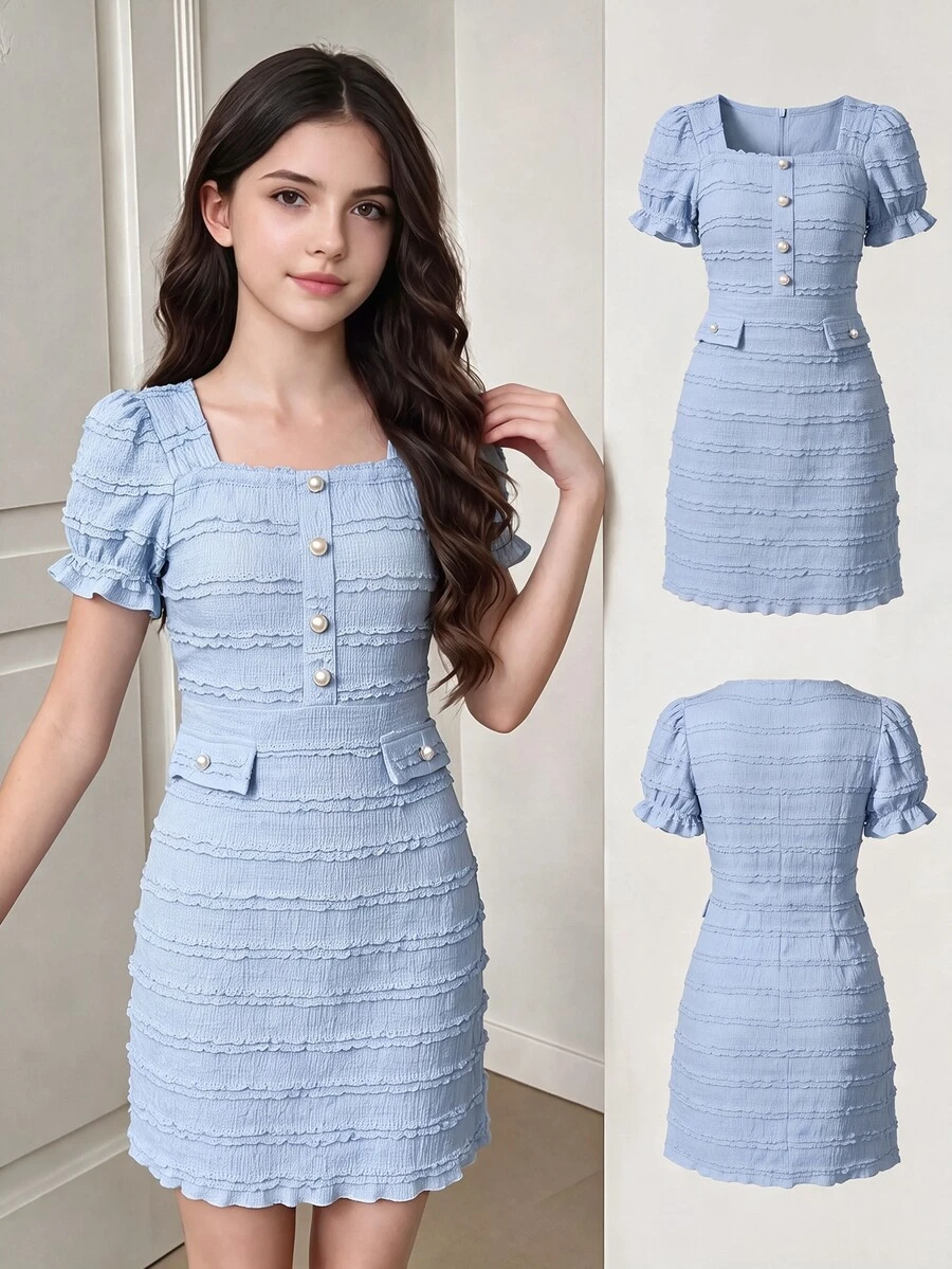 SHEIN Tween Girls' Solid Color Faux Pearl Casual Vacation Dress - Blue - View 1