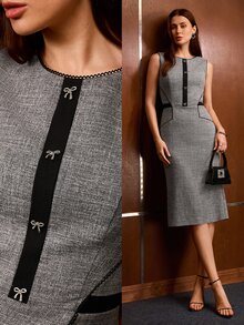 MOTF PREMIUM WOMEN'S ELEGANT ELEGANT BOWKNOT DECOR CONTRAST COLOR DRESS FOR EVENING PARTY - Grey - View 1